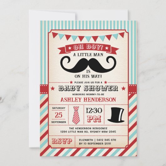 ヴィンテージ男の口ひげ男の子の赤ちゃんシャワー 招待状 (正面)