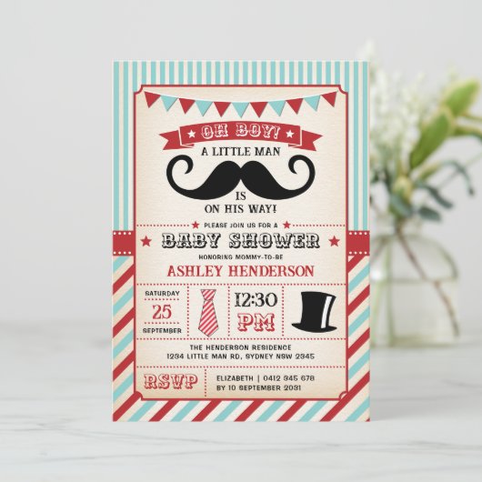 ヴィンテージ男の口ひげ男の子の赤ちゃんシャワー 招待状 (スタンド正面)