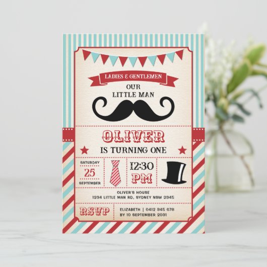 ヴィンテージ男の口ひげ1歳の誕生日の男の子 招待状 (スタンド正面)