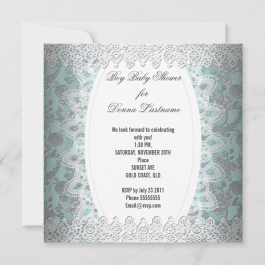 ヴィンテージ男の子の赤ちゃんシャワーブルーレースダマスク 招待状 (裏面)