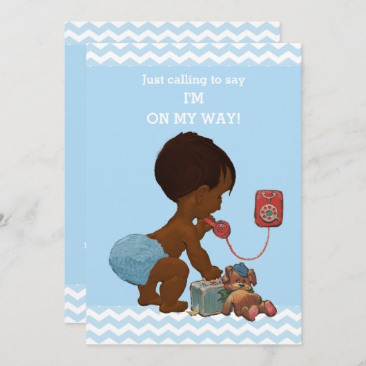 ヴィンテージ男の子の電話の赤ちゃんシャワーシェブロン 招待状 (正面/裏面)