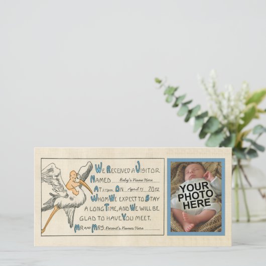 ヴィンテージ男の赤ちゃんとコウノトリ誕生のお知らせ – 青 案内状 (スタンド正面)