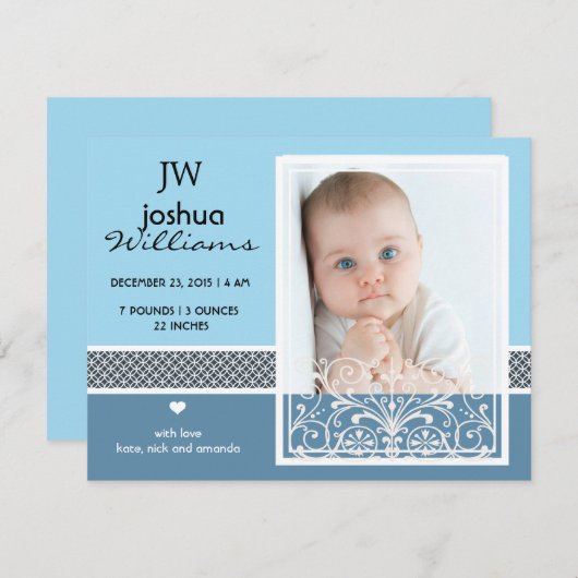 ヴィンテージ男の赤ちゃんの写真発生の告知 案内状 (正面/裏面)