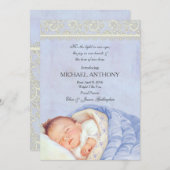ヴィンテージ男の赤ちゃんアナウンスブルー&アイボリーレース 案内状 (正面/裏面)