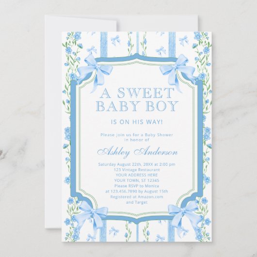 ヴィンテージ男の赤ちゃんシャワー付き弓 招待状 (正面)