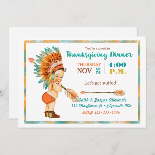 ヴィンテージ男の赤ちゃんトライバルヘアドスサンクスギビング 招待状 (正面/裏面)