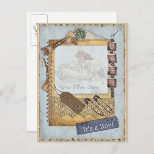 ヴィンテージ男の赤ちゃん到着発表写真フレーム 案内ポストカード (正面/裏面)