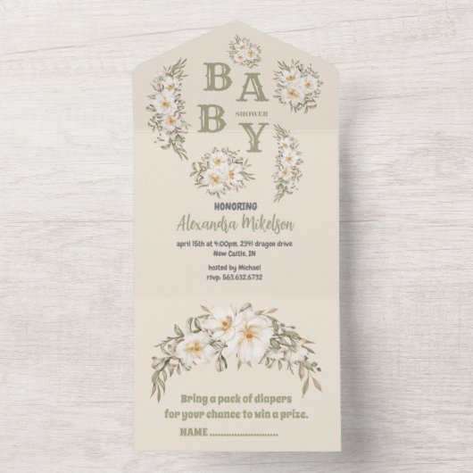 ヴィンテージ男女兼用フローラ赤ちゃんシャワー オールインワン招待状 (内側)