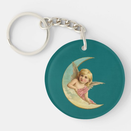 ヴィンテージ画像 – 天使が三日月に座る キーホルダー (正面)