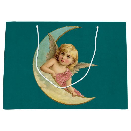 ヴィンテージ画像 – 天使が三日月に座る ラージペーパーバッグ (正面)
