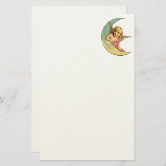 ヴィンテージ画像 – 天使が三日月に座る 便箋 (正面/裏面)