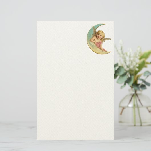 ヴィンテージ画像 – 天使が三日月に座る 便箋 (スタンド正面)