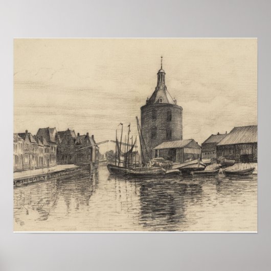 ヴィンテージ画像、鉛筆のスケッチ、Enkhuizen harbor ポスター (正面)