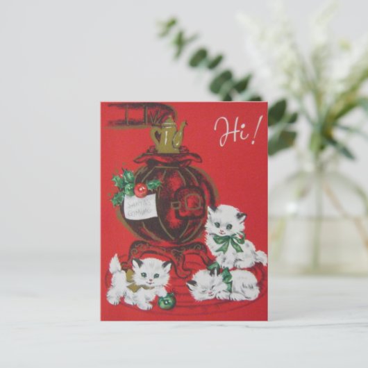 ヴィンテージ白いクリスマスの子猫 シーズンポストカード (スタンド正面)