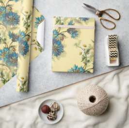 ヴィンテージ白いデイジーと青いコーンフラワーパターン ラッピングペーパー