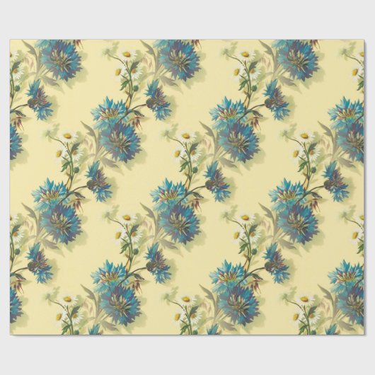 ヴィンテージ白いデイジーと青いコーンフラワーパターン ラッピングペーパー (フラット)