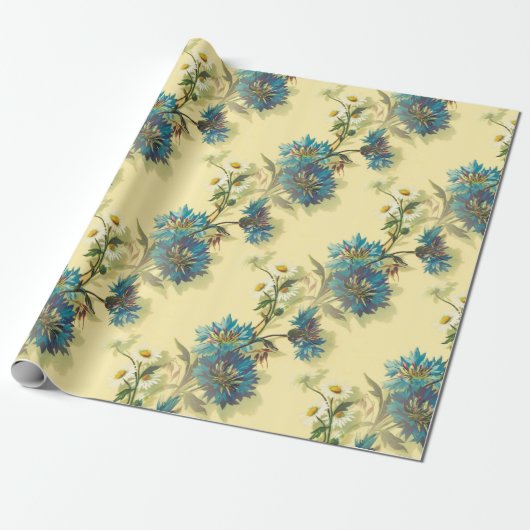 ヴィンテージ白いデイジーと青いコーンフラワーパターン ラッピングペーパー (アンロールド)