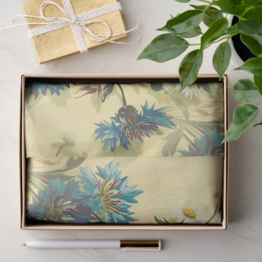 ヴィンテージ白いデイジーと青いコーンフラワーパターン 薄葉紙 (ギフト)