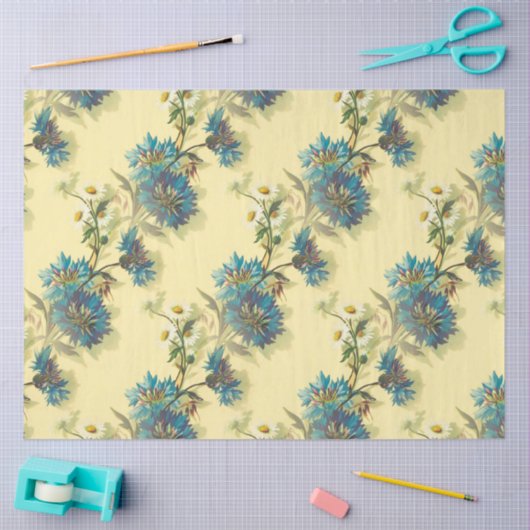 ヴィンテージ白いデイジーと青いコーンフラワーパターン 薄葉紙 (クラフト)