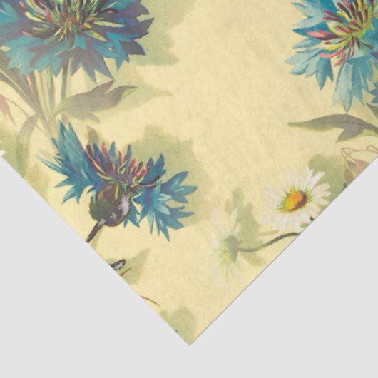 ヴィンテージ白いデイジーと青いコーンフラワーパターン 薄葉紙 (詳細)