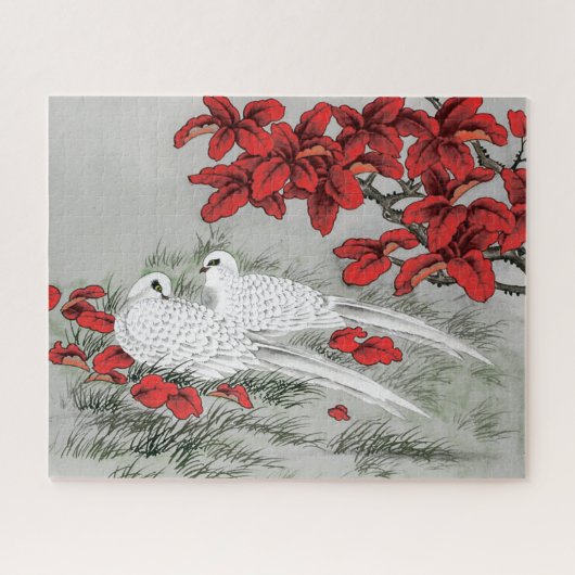 ヴィンテージ白いハトと葉グレーの赤いハト ジグソーパズル (横)