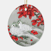 ヴィンテージ白いハトと葉グレーの赤いハト セラミックオーナメント (左)