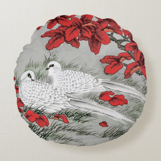 ヴィンテージ白いハトと葉グレーの赤いハト ラウンドクッション (正面)