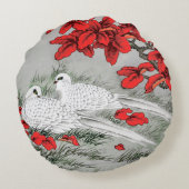 ヴィンテージ白いハトと葉グレーの赤いハト ラウンドクッション (裏面)