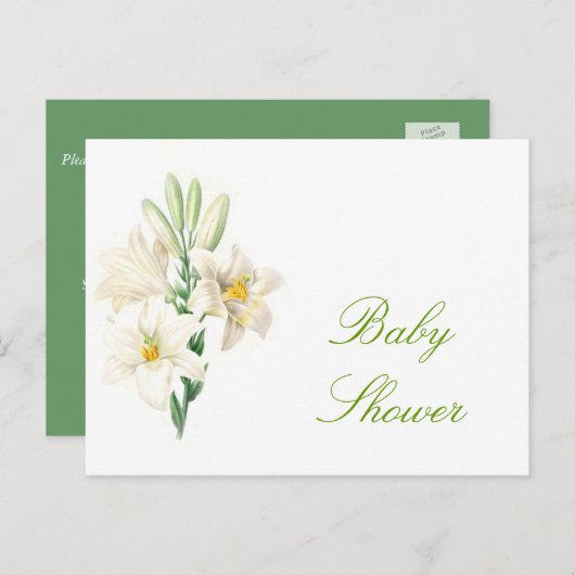 ヴィンテージ白いユリの花ベビーシャワーポストカード インビテーションポストカード (正面/裏面)