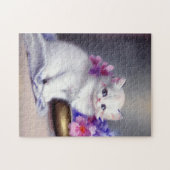 ヴィンテージ白い子猫とピンクと紫の花 ジグソーパズル (横)
