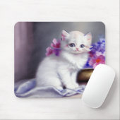 ヴィンテージ白い子猫とピンクと紫の花 マウスパッド (マウス)