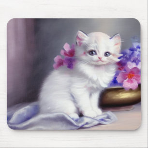 ヴィンテージ白い子猫とピンクと紫の花 マウスパッド