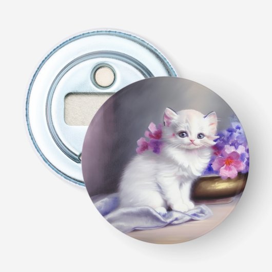 ヴィンテージ白い子猫とピンクと紫の花 栓抜き (正面)