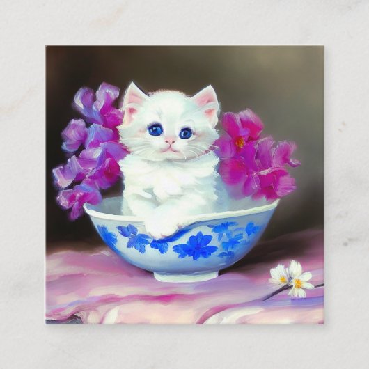 ヴィンテージ白い子猫とピンクの花 エンクロージャーカード (正面)