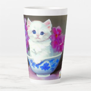 ヴィンテージ白い子猫とピンクの花 カフェラテマグ