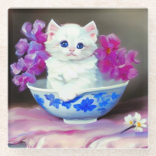 ヴィンテージ白い子猫とピンクの花 ガラスコースター (正面)