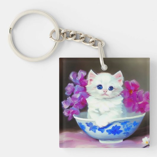 ヴィンテージ白い子猫とピンクの花 キーホルダー (正面)