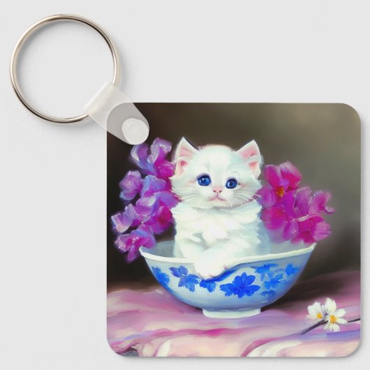 ヴィンテージ白い子猫とピンクの花 キーホルダー (正面)