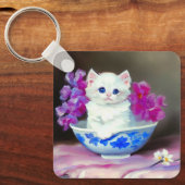 ヴィンテージ白い子猫とピンクの花 キーホルダー (正面)