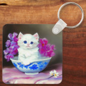 ヴィンテージ白い子猫とピンクの花 キーホルダー (裏面)