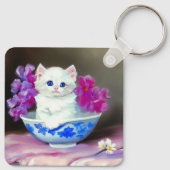 ヴィンテージ白い子猫とピンクの花 キーホルダー (裏面)