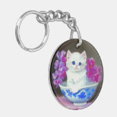 ヴィンテージ白い子猫とピンクの花 キーホルダー (正面左)