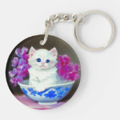 ヴィンテージ白い子猫とピンクの花 キーホルダー (裏面)