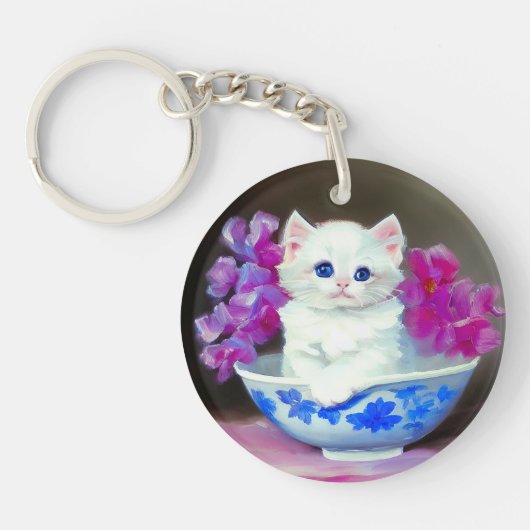 ヴィンテージ白い子猫とピンクの花 キーホルダー (正面)