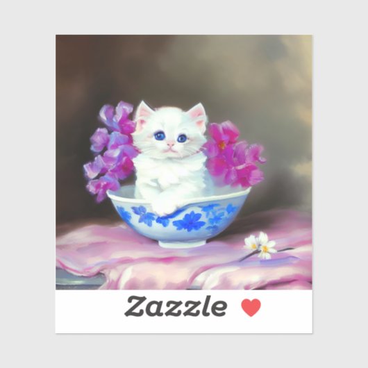 ヴィンテージ白い子猫とピンクの花 シール (シート)