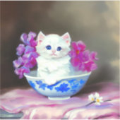 ヴィンテージ白い子猫とピンクの花 シール (正面)