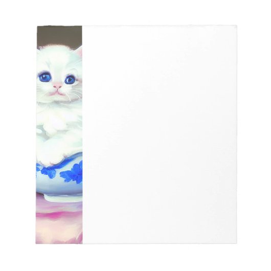 ヴィンテージ白い子猫とピンクの花 ノートパッド (正面)