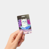 ヴィンテージ白い子猫とピンクの花 バッジ (手持ち)