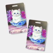 ヴィンテージ白い子猫とピンクの花 バッジ (正面＆裏面)