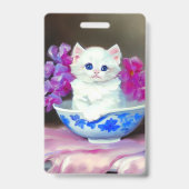 ヴィンテージ白い子猫とピンクの花 バッジ (裏面)